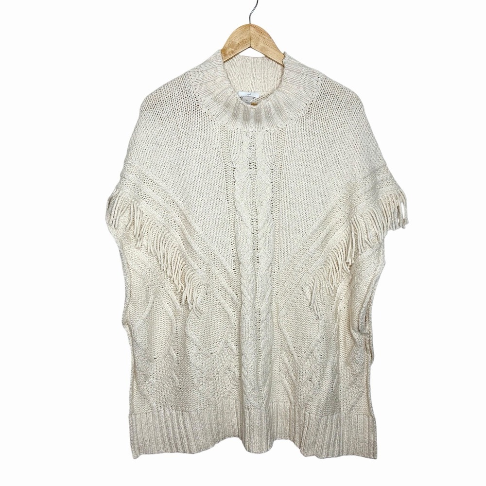 J Jill Cable Knit Fringe Poncho Sweater Cream Womens Size S-L Arm Holes Western
